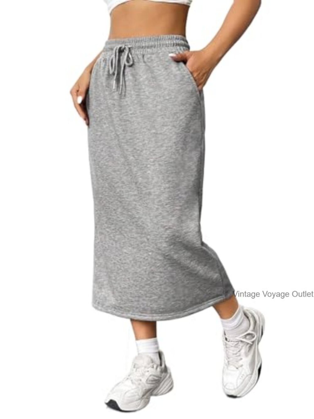 Women's Drawstring Midi Skirt with Pockets Back Slit High Rise A-Line